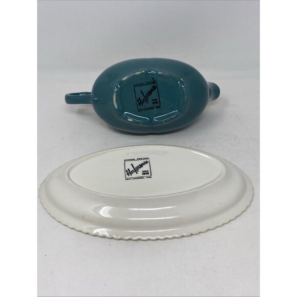 Harker Pottery Corinthian Teal Green Gravy Boat & Plate White Trim Harkerware - Picture 8 of 11